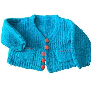 Vintage Handmade Kids Teal Blue Knit Chunky Cardigan Sweater Orange Buttons 12M